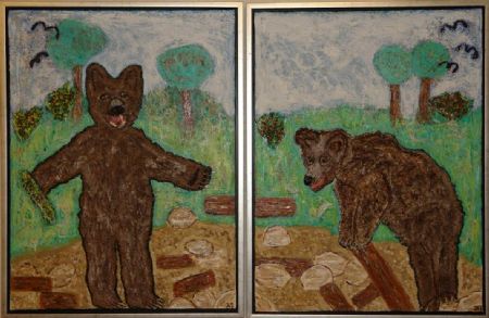 Blandede medier maleri Trampe bjørn og Stampe bjørn af Helle Jensen malet i 