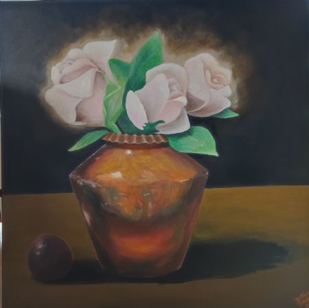 Akryl maleri Lysende roser af Bettina Stabell malet i 2022