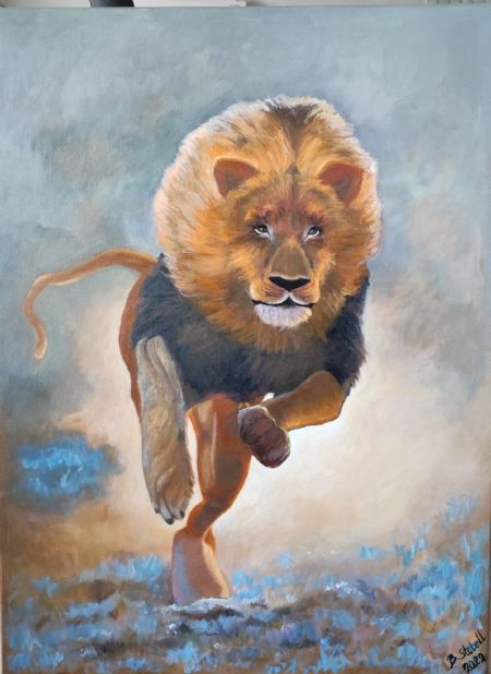 Akryl maleri Løve på spring af Bettina Stabell malet i 2022