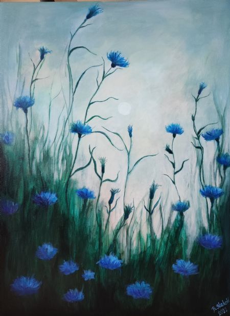 Akryl maleri Blå kornblomster af Bettina Stabell malet i 2022