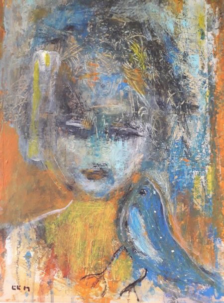 Akryl maleri Girl with bird af Jette Lili Hollesen malet i 2023