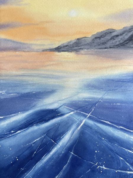 Akvarel maleri Is på fjorden 3 af Galina Landbo malet i 