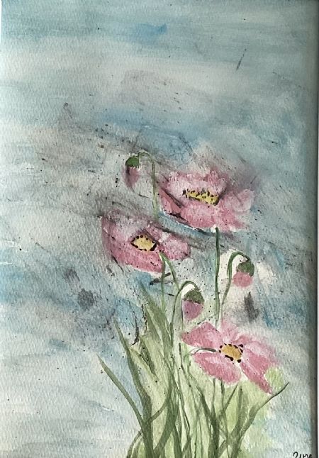Akvarel maleri Rosa blomster af Winnie Huniche malet i 2023