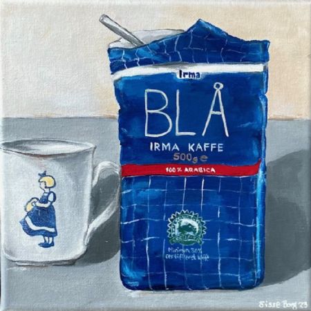 Akryl maleri Irmakop og blå kaffe af Sisse Borg malet i 2023