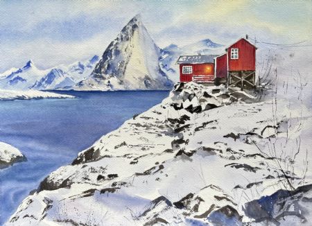 Akvarel maleri Det røde hus af Galina Landbo malet i 