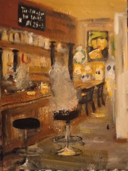 Akryl maleri Det spøger på Cafe Louise af Bruun Falck malet i 2023