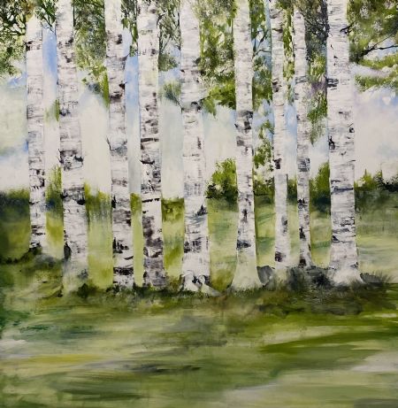 Akryl maleri Birkeskovens små fortællinger (2023) af mette Hansgaard malet i 2023