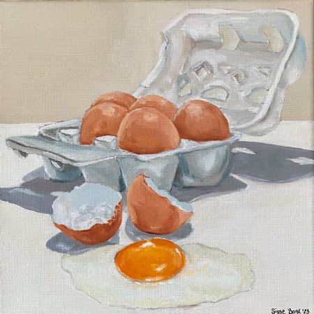 Akryl maleri 5 hele æg.. af Sisse Borg malet i 2023