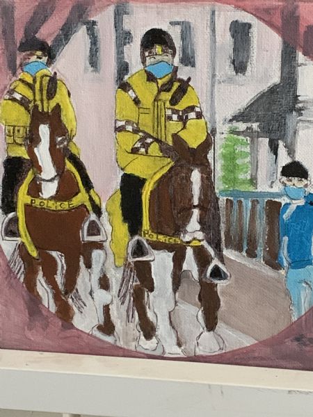 Akryl maleri Ridende politi London under Covid 19 af kirstenbente pedersen malet i 2019