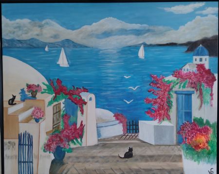 Akryl maleri Santorini af Sadedin Asanovski malet i 2024