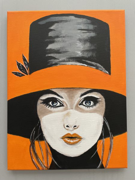 Akryl maleri Fru Appelsin af Vibeke Findshøj malet i 2024