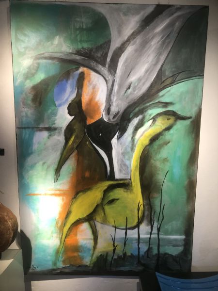 Akryl maleri Fugl og fisk af Alice Øhlenschlæger hillman malet i 2024